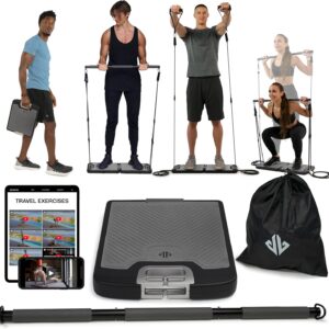 EVO Gym – Portable Home Gym Strength Training Equipment, At Home Gym | All in One Gym – Resistance Bands, Base Holds Gym Bar & Handles for Travel | Portable Gym & Home Exercise Equipment