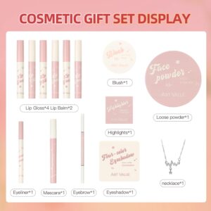 All-in-One Makeup Gift Set for Women & Teens, Complete Cosmetic Kit with Lip Gloss, Lip Balm, Eyeshadow, Blush, Highlighter, Face Powder, Mascara, Eyeliner & Necklace