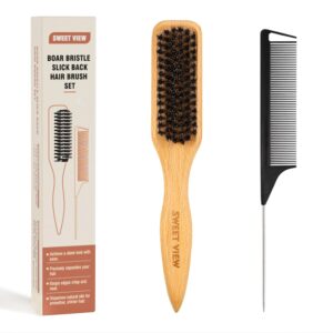SWEET VIEW Boar Bristle Slick Back Hair Brush for Smooth Flyaways, Frizz, Sleek Ponytail, Buns and Edge Baby Hair, Teasing | Gel Comb Styling Accessories for Girls, Kids and Women