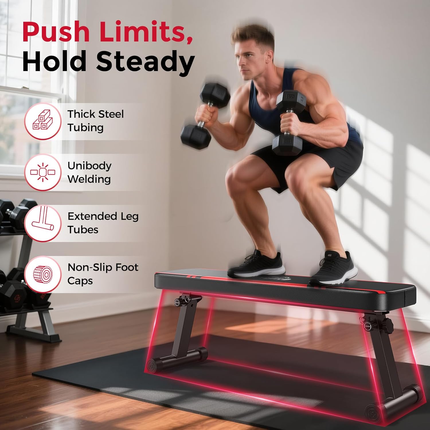 FLYBIRD Foldable Flat Weight Bench For Home Gym, Sturdy Strength Training Workout Bench, Space-saving Bench Press Flat Exercise Bench, Easy to Assemble - Image 2