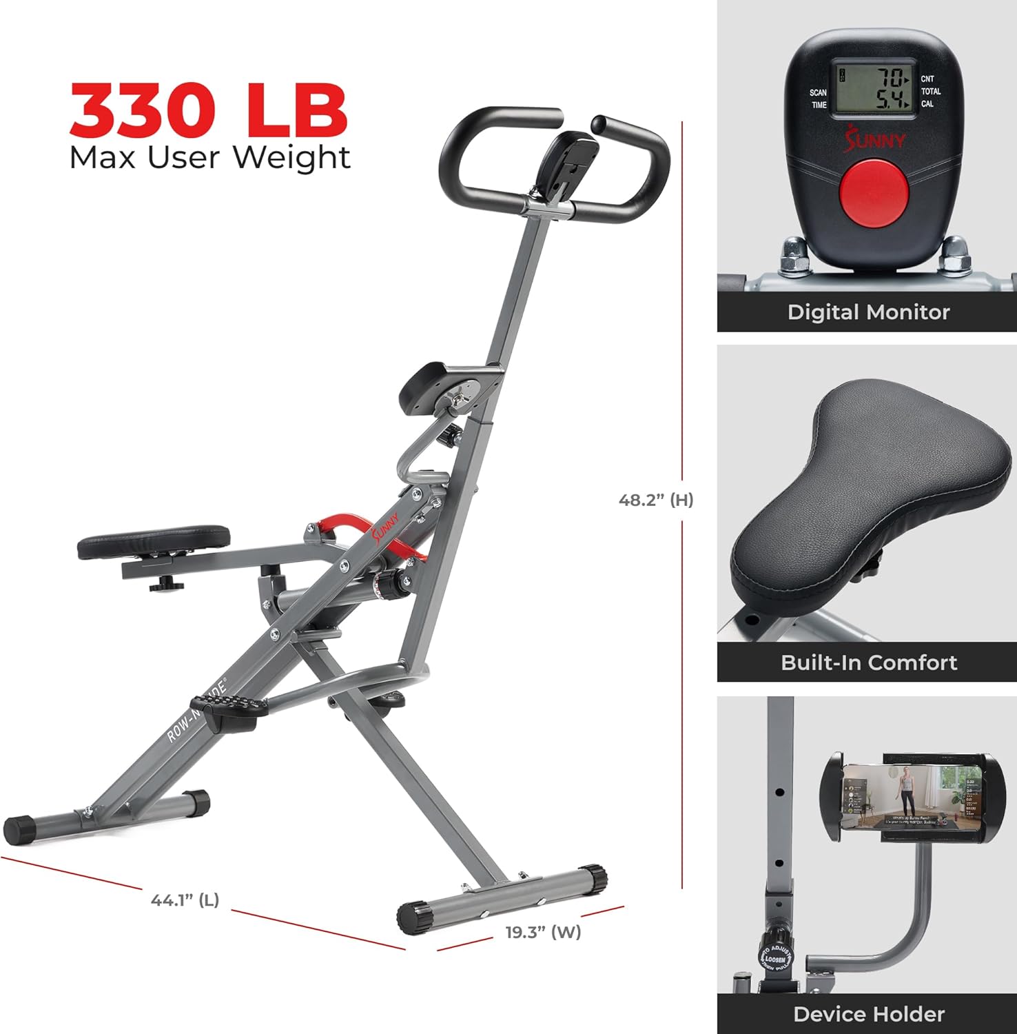 Sunny Health & Fitness Row-N-Ride PRO, Full Body Combo Squat Machine w/Optional Resistance Band, Easy Setup Ab Workout Exercise Equipment for Home, Whole Body Cardio, Optional SunnyFit App Connection - Image 7