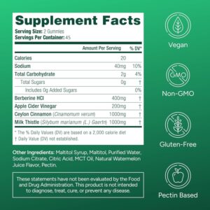 Purify Life Sugar-Free Berberine Gummies – with Ceylon Cinnamon, Milk Thistle & Apple Cider Vinegar – No More Capsules or Pills