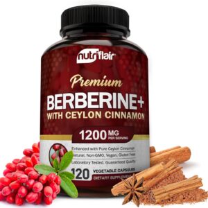 NutriFlair Premium Berberine HCL 1200mg, 120 Capsules – Plus Pure True Ceylon Cinnamon, Berberine HCI Root Supplements Pills – Immune System – Made in USA