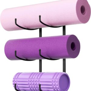 Yoga Mat Holder Wall Mount, 3-Tier Storage Rack for Yoga Mat, Foam Roller, Block, Yoga Accessories, Wall Organizer for Home Gym, Gym, Workout Room, Metal, Black