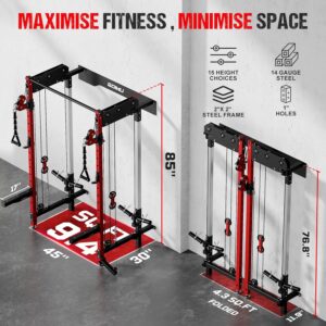 WM3-V4 Folding Squat Rack, Wall Mounted Power Rack with Dual Independent Pulley System, Functional Trainer with 5 Adjustable Function Modes for Space Saving