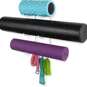 Wallniture Guru Yoga Mat Holder Wall Mount with 3 Hooks for Hanging Yoga Strap, Resistance Bands, 5-Sectional Metal
