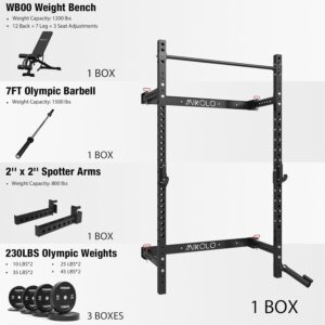 Mikolo 2″ x 2″ Folding Wall Mounted Squat Rack, 1000 Pounds Capacity Power Rack with Pull Up Bar, J Hooks and Other Attachments, Space-Saving Home Gym