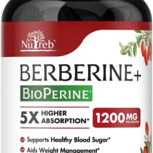 Nutreb Berberine Supplement 1200mg – 5X Higher Absorption – Ultra Pure 98% Berberine HCL – Healthy Weight Management, Immune Support – Non GMO, Manufactured in USA – 60 Vegan Capsules
