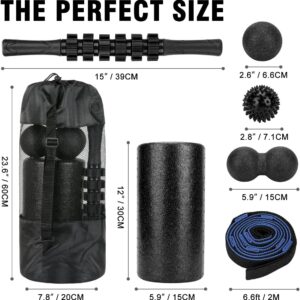 Foam Roller Set – High Density Back Roller, Muscle Roller Stick,2 Foot Fasciitis Ball, Stretching Strap, Massager Ball for Whole Body Physical Therapy & Exercise, Yoga, Back Pain, Leg, Deep Tissue