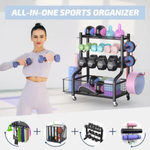 PLKOW Dumbbell Rack, Weight Rack for Dumbbells, Home Gym Storage for Dumbbells Kettlebells Yoga Mat and Balls, All in One Workout Storage with Wheels and Hooks, Powder Coated Finish Steel