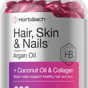 Horbäach Hair Skin and Nails Vitamins | 300 Softgels | with Biotin and Collagen | Infused with Argan Oil and Coconut Oil | Non-GMO, Gluten Free Supplement