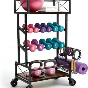 4 Tier Home Gym Storage Rack with Wheels, Yoga Mat Rack Small Dumbbell Weight Rack, Multi-Functional Wood Metal Gym Equipment Storage Rack Workout Cart for Women Kettlebell Fitness Organizer