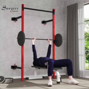 Soozier Folding Squat Rack with Adjustable Pull-Up Bar, 1000 Pounds Capacity Wall Mounted Power Rack, Adjustable Steel Barbell Rack with J Hooks for Home Gym Full Body Workout