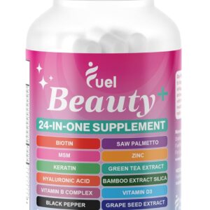 Fuel Beauty+ 24-in-1 Hair, Skin & Nails Vitamins for Women – 5000mcg Biotin, Hyaluronic Acid & Saw Palmetto – Daily Multivitamin for Hair Growth, Nail Strength & Skin Glow – 60 Capsules