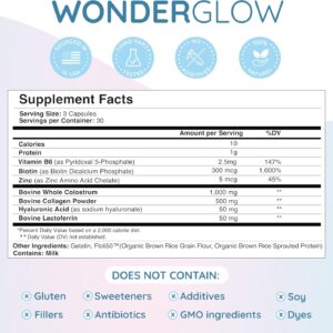 WONDERCOW Hair Skin and Nails Vitamins w/Bovine Colostrum, Collagen, Hyaluronic Acid, Biotin, Zinc, & Lactoferrin┃Supports Faster Hair Growth, Stronger Nails and Glowing Skin (30 Servings, Capsule)