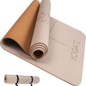 YOGATI® Yoga Mat with Strap with Alignment Lines. Home Workout Mat for Women, Men and Kids. Thick Non Slip Yoga Mat for Pilates and Fitness. Brown, Pink and Purple Yoga Mats