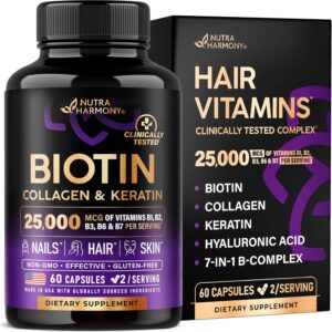 NUTRAHARMONY Biotin | Collagen | Hyaluronic Acid | Keratin – Support Normal Hair Growth Cycle, Skin & Nails – Clinically Tested – 25000mcg Vitamins B1, B2, B3, B6 & B7 – for Women & Men – 60 Capsules