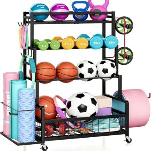 Jsskeeim Garage Sports Equipment Organizer,Sports Ball Organizer with Wheels,Mesh Pocket, Basket,Ball Organizer with Baseball Bat Rack and HooksToy Storage Rolling Cart-Black