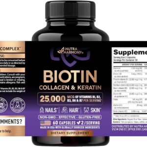 NUTRAHARMONY Biotin | Collagen | Hyaluronic Acid | Keratin – Support Normal Hair Growth Cycle, Skin & Nails – Clinically Tested – 25000mcg Vitamins B1, B2, B3, B6 & B7 – for Women & Men – 60 Capsules