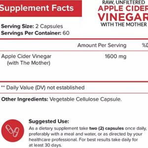 NutriFlair Apple Cider Vinegar Capsules with Mother 1600mg, 120 Capsules | Made in USA | 1600mg | 60-Day Supply | Healthy Digestion | Metabolism | Immune Function