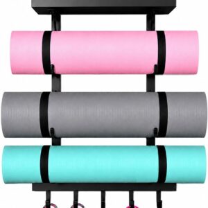 Yoga Mat Holder Wall Mount, Yoga Mats Rack with Double Floating Shelves, Yoga Accessory Storage Rack with 5 Hooks for Resistance Bands and Workout Equipment for Home Gym Storage, Black