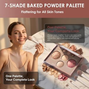 All-In-One Beginner Makeup Kit for Women – 7-Shade Baked Powder Palette, Brow Powder, Setting Powder, Matte Lipstick, Eyeliner, Mascara & 5 Brushes – Full Face Makeup Set for Daily Wear & Travel