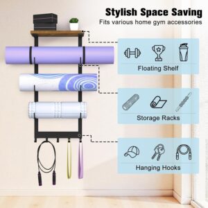 Home Gym Weight Storage Rack for Yoga Mat Holder Wall Mount | 4-Tiers Yoga Mats Storage Wall Rack with Wood Floating Shelf and 5 Hooks, Home Gym Organizer Holder for Foam Roller/Band