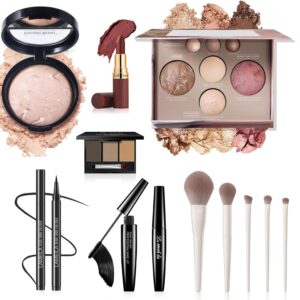 All-In-One Beginner Makeup Kit for Women – 7-Shade Baked Powder Palette, Brow Powder, Setting Powder, Matte Lipstick, Eyeliner, Mascara & 5 Brushes – Full Face Makeup Set for Daily Wear & Travel