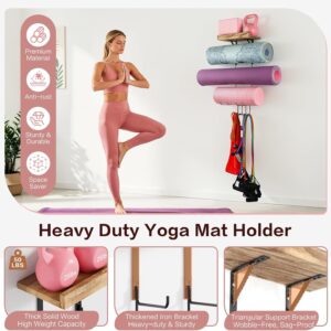 VINAEMO Yoga Mat Holder Accessories Wall Mount Organizer Storage Decor Foam Roller and Towel Storage Rack with 4 Hooks and Wooden Shelves Yoga Mats Rack Resistance Bands for Home Gym School Office