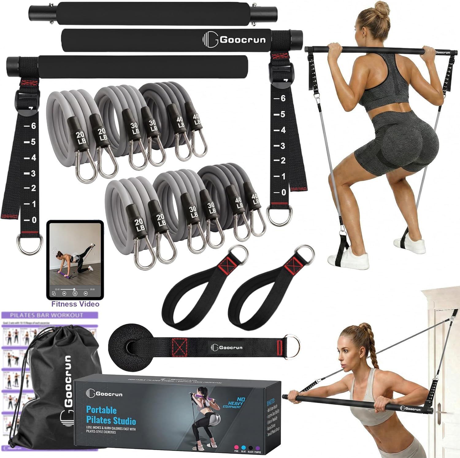 Goocrun Portable Pilates Bar Kit with Resistance Bands for Men and Women - 3 Set Exercise Resistance Bands - Multifunctional Home Gym - Supports Full-Body Workouts – with Fitness Poster and Video