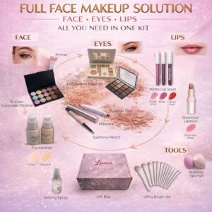 All in One Makeup Kit for Women & Beginners, Essential Full Makeup Set with Eyeshadow Palette, Lip Gloss, Foundation, Brushes – Makeup Gift Set for Teens & Girls, Great Value Starter Kit