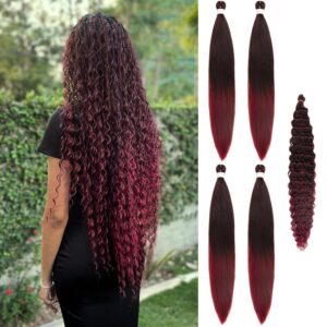 1B900 Braiding Hair Pre stretched Synthetic Burgundy Boho Hair for Braiding | 26 Inch 5 Packs Yaki Texture Braiding Hair Extensions for Boho Braids Hot Water Setting Hypoallergenic Non Toxic Curly Hair