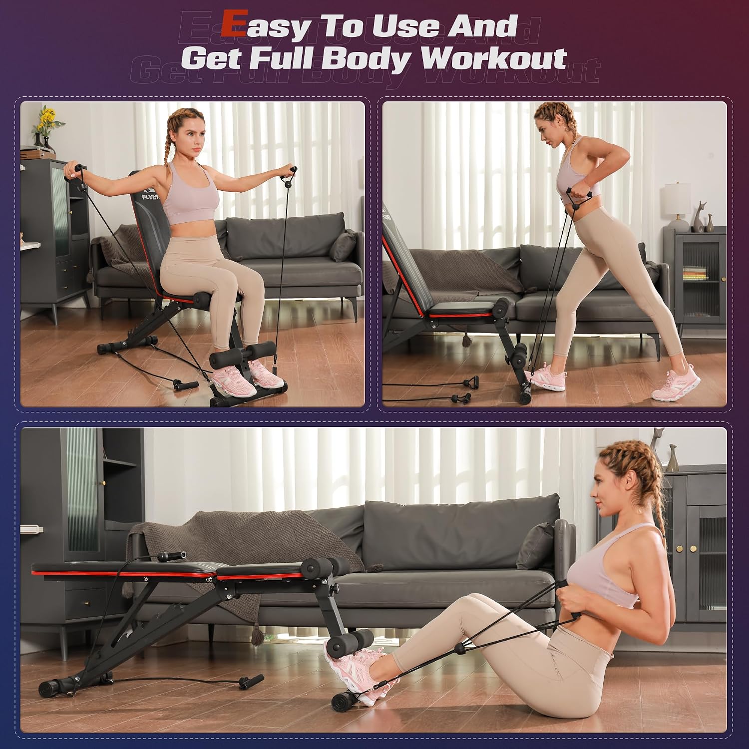 FLYBIRD Foldable Weight Bench with Resistance Bands, 8 Backrests Fast Adjustable FID for Home Gym Full Body Workout, Easy to Storage for Small Apartment - Image 8