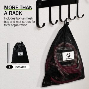 Yoga Mat Holder Wall Mount with Mesh Bag | 4-Tier Metal Storage Rack, Floating Shelf & 5 Hooks, Large Home Gym Organizer