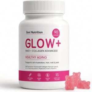 Jovi Glow+ NAD+ & Collagen Gummies, Multi-Type Hydrolyzed Collagen Peptides, Resveratrol, Hyaluronicacid, Vitaminc, Supplement for Skin, Hair, Nails, 90 Count (1, A)