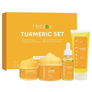 Healov Turmeric Skincare Set – Turmeric Skin Care Products Brightening & Acne – Turmeric Skin Care Kit, Turmeric Skin Care Set – Turmeric Cleanser, Body Scrub, Face Cream & Facial Serum