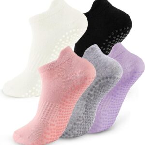 5 Pairs Pilates Socks with Grips for Women Non Slip Grip Yoga Crew Socks for Barre Hospital Barefoot