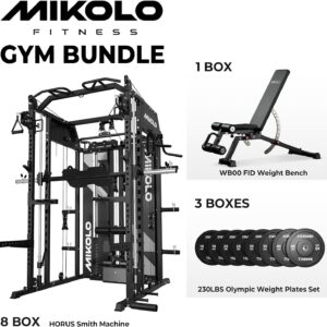 Mikolo Smith Machine with Weight Stack, Power Cage Home Gym System with LAT Pulldown & Cable Crossover, Multi-Functional Trainer with Dual Pulley System, Includes 10+ Free Attachments