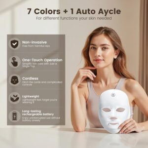 LED Face Mask – Cordless Facial Light Mask with 7 Custom Light Modes, Rechargeable Red Light Mask for All-Round Coverage, One-Button Control for Easy At-Home & On-the-Go Skincare