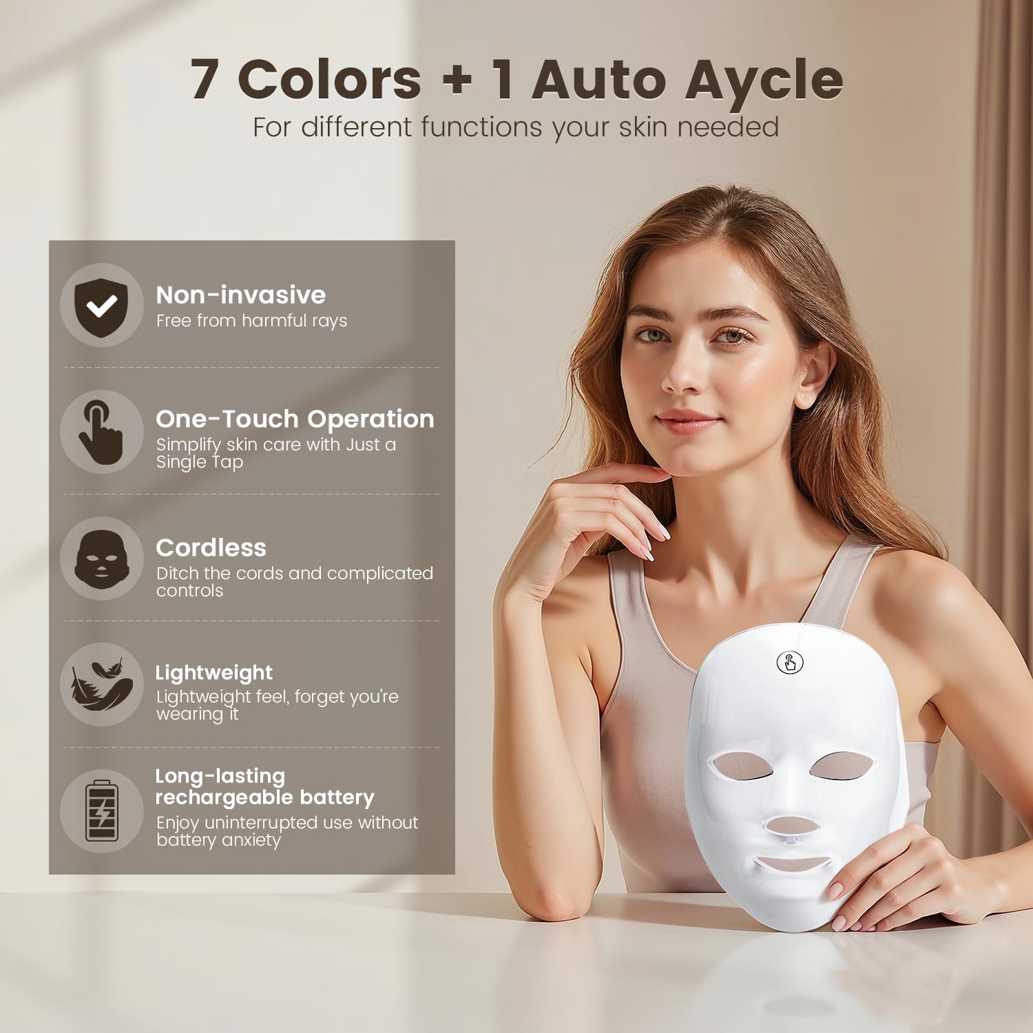 LED Face Mask – Cordless Facial Light Mask with 7 Custom Light Modes, Rechargeable Red Light Mask for All-Round Coverage, One-Button Control for Easy At-Home & On-the-Go Skincare - Image 2