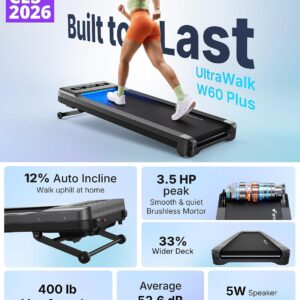 MERACH UltraWalk W60 Walking Pad Treadmill with 12% Auto Incline, Under Desk Walking Pad 400lb Capacity, Max 3.5HP Heavy Duty Walking Pad with Incline for Tall People with BT Speaker, RGB Light & APP