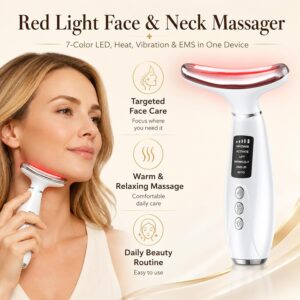 Red Light Therapy for Face and Neck, 7-Color LED Face Massager with EMS, Heat & Vibration, 6 Modes & 4 Intensities, Rechargeable Face Sculpting Tool for At-Home Skincare