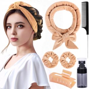 Heatless Velvet Hair Curlers to Sleep in Heatless Curls Overnight for Long Hair, No Heat Curling Rod Headband for Women All Hair Types -6 Pieces Set (Khaki)