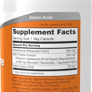 NOW Foods Supplements, Glutathione 500 mg, With Milk Thistle Extract & Alpha Lipoic Acid, Free Radical Neutralizer*, 60 Veg Capsules