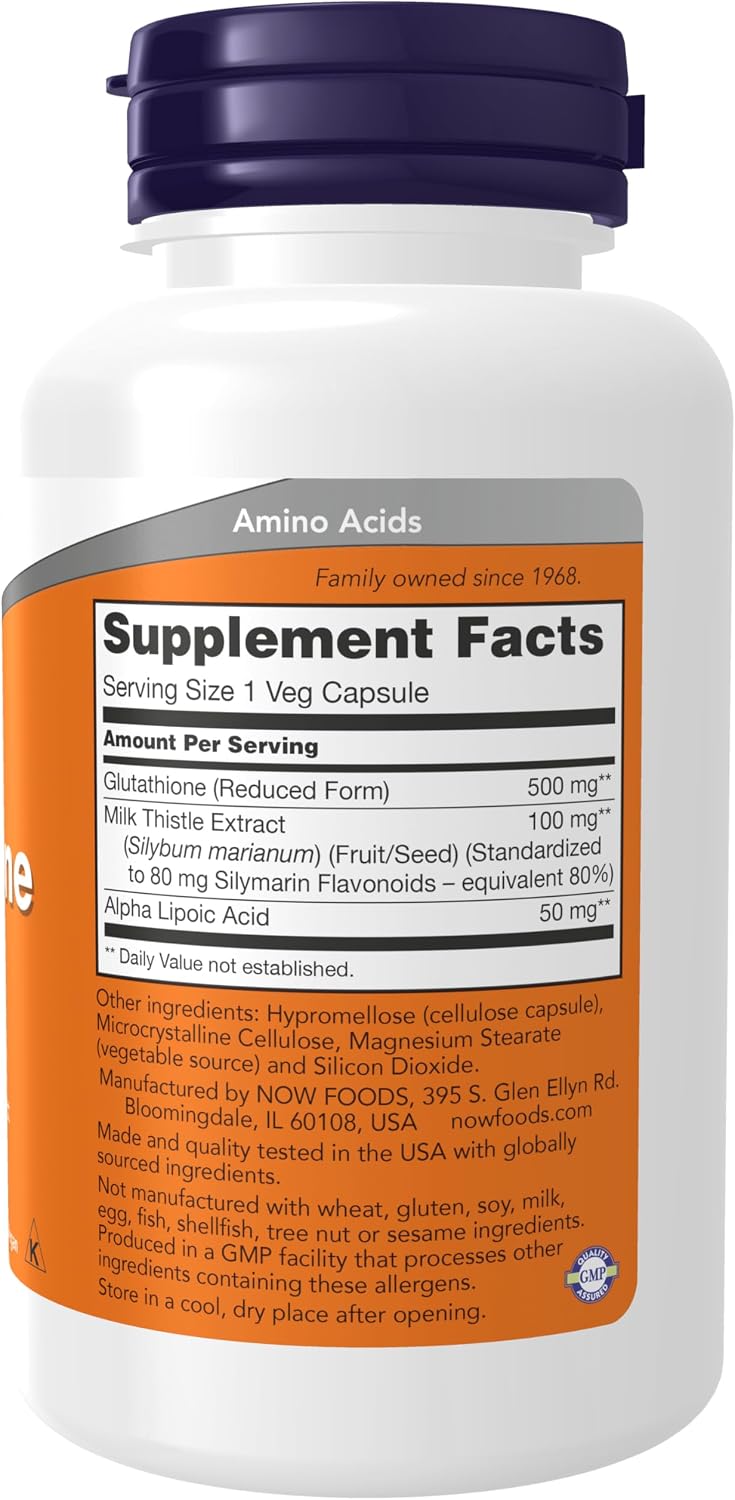 NOW Foods Supplements, Glutathione 500 mg, With Milk Thistle Extract & Alpha Lipoic Acid, Free Radical Neutralizer*, 60 Veg Capsules - Image 2