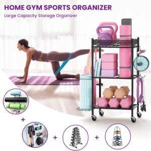VOPEAK Home Gym Storage Rack, 3-Tier Yoga Mat Storage with Wheels & Hooks