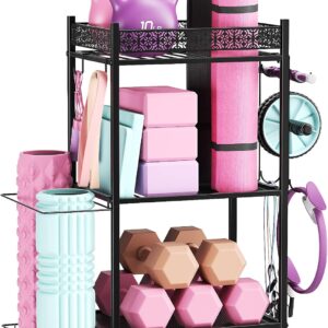 VOPEAK Home Gym Storage Rack, 3-Tier Yoga Mat Storage with Wheels & Hooks