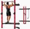 MU 2″ x 2″ Folding Squat Rack, 1100LBS Wall Mounted Power Rack with Adjustable Pull Up Bar, J Hooks, Landmine, Foldable Squat Rack for Home Gym, Garage, Training Studios (Black and Red)