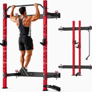 MU 2″ x 2″ Folding Squat Rack, 1100LBS Wall Mounted Power Rack with Adjustable Pull Up Bar, J Hooks, Landmine, Foldable Squat Rack for Home Gym, Garage, Training Studios (Black and Red)