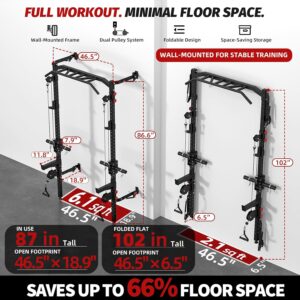 Wall Mounted Power Rack with Cable Crossover, Foldable Squat Rack